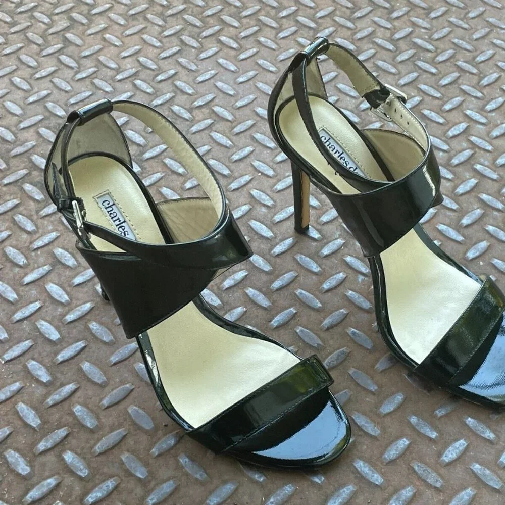 Charles David Women Heel Black Patent Leather Upper Sandal Strappy Shoes Size 7 - Picture 7 of 9